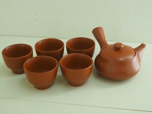 ★☆ 　常滑焼　朱泥 茶器揃　茶器セット　福仙作　急須　・　湯呑　5客　【　懐石　/　会席料理　/　煎茶道具　】　☆★