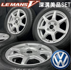 深溝美品★DUNLOP ルマン5 165/70R14&VW車用アルミ 4本 №SB240222-S1 up!に/5J +35 4H 100 検14インチ純正ホイールセット*ワーゲン*アップ