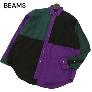 BEAMS ビームス 通年 ボタンダウン 長袖 クレイジー切替★ ビッグシルエット オーバーサイズ シャツ Sz.S　メンズ 黒 × 紫　C4T06560_7#C