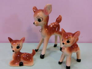 ビンテージ◆小鹿 バンビ 置物 フィギュア人形 3匹SET◆昭和レトロ Vintage BAMBI Figure Retro アンティーク 陶器 親子シカ