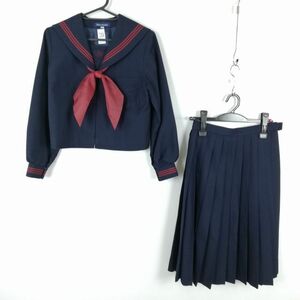 1円 セーラー服 スカート スカーフ 上下3点セット 155 冬物 赤3本線 女子 学生服 鹿児島南中学 紺 制服 中古 ランクC NA9631