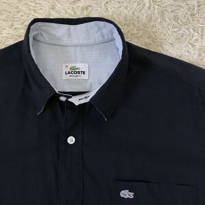 ラコステ　LACOSTE 半袖　シャツ　ボタン　ワンポイント　ロゴ　ワニ　リネン　麻　綿　ネイビー系　