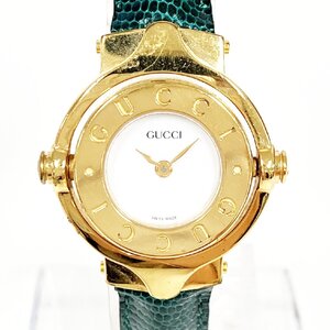 【1円スタート】GUCCI グッチ ターンフェイス バングル GP×レザー ホワイト文字盤 クオーツ レディース腕時計 ジャンク 349754