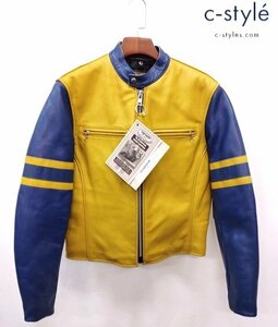 Q386c [未使用品] VANSON バンソン シングルライダースレザージャケット 38 イエロー×ブルー | アウター Q