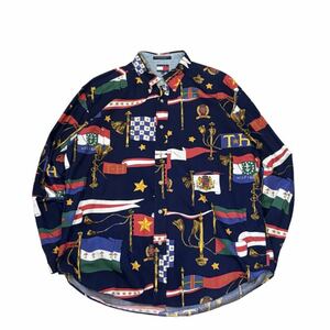 【90s】 TOMMY HILFIGER トミーヒルフィガー ボタンダウン 長袖シャツ メンズ XL 紺/ネイビー 国旗 総柄 コットン ビンテージ 古着 USED