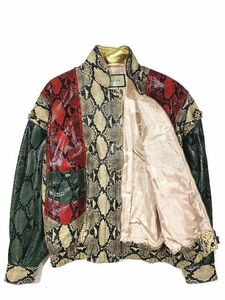 美品 18AW グッチ GUCCI パイソン プリント レザー ボンバー ジャケット アウター 2WAY スタッズ グリーン マルチカラー トリコロール