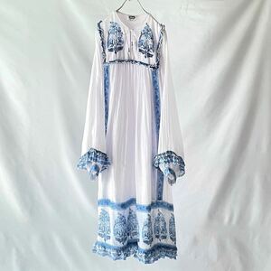 70s vintage indian cotton 白水色フリル インド綿ワンピース