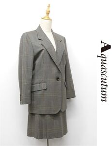 O283/Aquascutum スーツ セットアップ ツイード テーラードジャケット ひざ丈スカート プリーツ 1つ釦 チェック 千鳥格子 9 M ブラウン