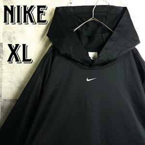 美品 NIKE ナイキ 刺繍センターロゴ アーム刺繍ワッペン プルオーバー フーディーパーカー ジャージ素材 ブラック 黒 XL オーバーサイズ