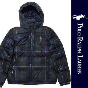 新品 POLO RALPH LAUREN BOYS DOWN JACKET ポロ ラルフローレン ダウンジャケット チェック ネイビー グリーン ポロベアー 刺繍 XL 正規品