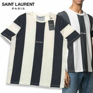 14 新品 国内正規品 SAINT LAURENT PARIS 20ss サンローランパリ 649716 STRIPED LOGO T-shirt 半袖コットン スプリット ロゴ Tシャツ S