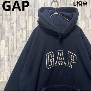 GAP ギャップ フリース生地 パーカー スウェット M デカロゴ ビッグロゴ 刺繍 ワッペン ブラック 長袖 プルオーバー フーディ 送料無料