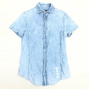 ARMANI JEANS アルマーニジーンズ USED加工 リネン混 シャンブレー シャツ XS(JP:S相当) インディゴ ライトブルー 半袖 麻 国内正規品