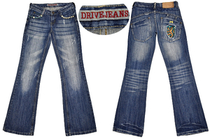 K-3473★超美品★DRIVE JEANS ドライブジーンズ★ヴィンテージ加工 デニム 豪華な刺繍 スタッズ ブーツカット フレアー ジーンズ W25