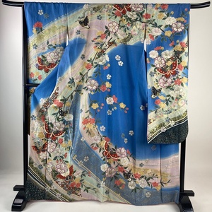 振袖 身丈167cm 裄丈67cm M 袷 蝶 桜 金通し 金彩 水色 正絹 美品 名品 【中古】