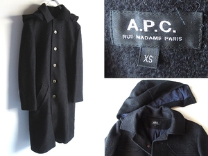 A.P.C. アーペーセー イタリア製生地使用 ソフトウールメルトン フード取外し可 ベルト付 2WAY シングルコート XS 黒 ブラック 国内正規品