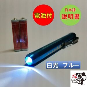 LED ペンライト 医療用 白光 ブルー 電池付き ソフトボタン ノック式 瞳孔計 スケール付 ナース 看護