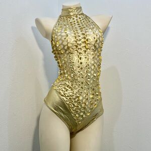 16レオタード(XLサイズ程度)★ハイネック光沢メタリックゴールド金バックジップ★ポールダンス★大きいサイズ男性も