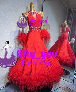 新品fifty_you モダンダンス競技豪華ドレス レディース社交ダンス衣装 サイズセミオーダー 華やかデザイン ファー飾り　高級品　赤色