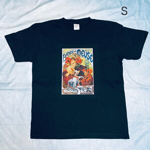 ミュシャ　ムーズ川のビール　綿5.6オンスTシャツ　Sサイズ黒　SML有り