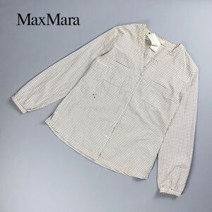 S Max Mara エスマックスマーラ グラフチェック Vネック 長袖ブラウスボタンシャツ トップス レディース 白 ホワイト サイズL*RC100