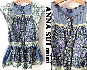 ANNA SUI mini：アナスイミニ■刺繍入り■半袖ワンピース■Msize■花柄&オンブレチェック＆シャンブレー生地