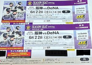 6月22日(土) 阪神タイガースvs DeNAベイスターズ　ライト外野指定席（阪神タイガース専用応援席）　2連番　甲子園　デーゲーム