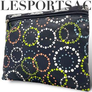 未使用級　LESPORTSAC レスポートサック　ポーチ　黒　ナイロン　総柄