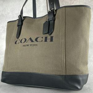 未使用級 COACH コーチ トートバッグ ビジネスバッグ レザー 本革 キャンバス 肩掛け A4 ロゴ デカロゴ 大容量 メンズ カーキ ブラック 黒