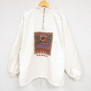 XL/古着 長袖 ハーフジップ スウェット メンズ 90s イルカ ハワイ 刺繍 大きいサイズ 生成 23sep01 中古 スエット トレーナ