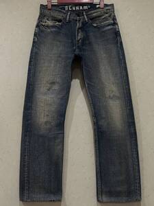 ※DENHAM デンハム GRADE SLIM SLIM FITダメージ＆リペア加工 セルビッチ ボタンフライデニムパンツ 日本製 インディゴ 28 BJBB.AJ