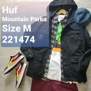 HUFハフ■美品 コットン×ポリクロス マウンテンパーカ M 黒 ボックスシルエット フード ジャケット 60/40クロス