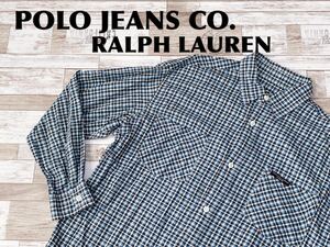 ☆送料無料☆ POLO JEANS CO. RALPH LAUREN ポロ ジーンズ ラルフローレン 古着 長袖 チェック ダブルポケット シャツ メンズ M ブルー