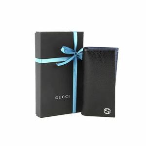 新品未使用品 GUCCIグッチ二つ折り長財布 小銭入れあり レザー ブラック ブルー 610467本物 正規品 GUCCI直営店購入品