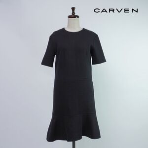 美品 CARVEN カルヴェン リブ 半袖ペプラムワンピース 膝丈 裏地なし レディース 黒 ブラック サイズM*SC42