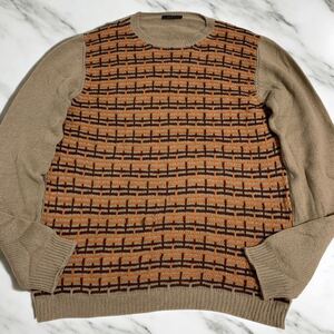 【極美品/カシミヤ100%/4Lサイズ】 プラダ PRADA ニット セーター トップス クルーネック 総柄 メンズ ブラウン 54