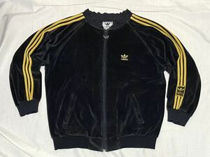 90sビンテージ adidas 黒 黄 ベロア ジャージ トラックジャケット ブラック アディダス トレフォイルロゴ トラックトップ オリジナル 古着