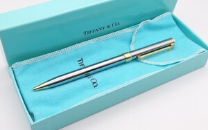 【SR-605】 TIFFANY＆Co ツイスト式 ボールペン Tクリップ コンビカラー ゴールド×シルバー 回転式 筆記用具 文房具 保存袋 箱付