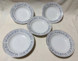 ★Noritake ノリタケ BlueWaltz ブルーワルツ★ 深皿 プレート スープ皿 5枚セット ホワイト プラチナ縁 フラワー柄 02165