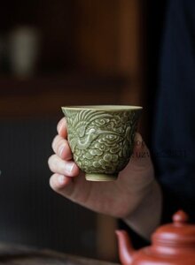 未使用品 松鶴 中国美術 湯呑 茶器 青磁オンブル 茶杯 煎茶道具 雲紋