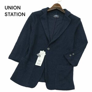 新品★ UNION STATION ユニオンステーション メンズビギ 春夏 7分袖 ラッセル テーラード ジャケット Sz.S　メンズ ネイビー　A4T02533_3#M