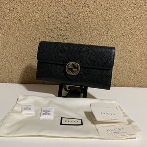 使用回数少　美品　 GUCCI グッチ レザー　インターロッキング　長財布　ブラック系　ゴールド金具　598166