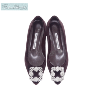 未使用 MANOLO BLAHNIK ハンギシフラットシューズ 34 1/2 ブラウン ベルベット#ビジュー#人気