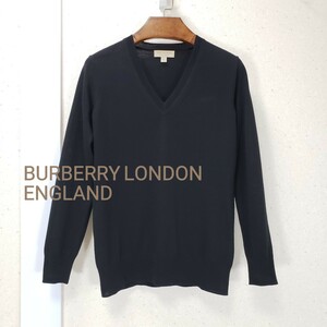 国内正規品◆綺麗 BURBERRY LONDON ENGLAND バーバリーロンドン 羊毛100％ 長袖 Vネック ニット セーター レディース(XS/TP)黒ブラックBLK