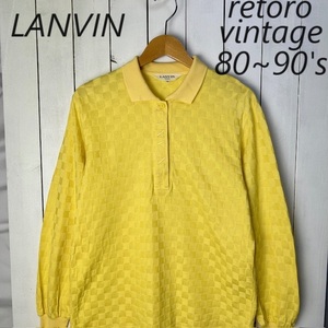 sh●684 レトロ古着 80s～90s LANVIN ランバン インレイチャート柄長袖ポロシャツ M 黄色 オールド ヴィンテージ 日本製 市松模様