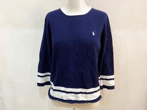 ☆RALPH LAUREN/ラルフローレン ライン入り7部袖ニット size160 レディース キッズ ネイビー×ホワイト カジュアル 古着 used☆