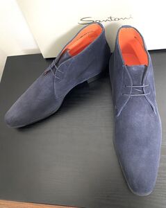 新品 サントーニ 5 Santoni デザート チャッカ ブーツ シューズ メンズ 革靴 スエード 未使用 送料無料 カジュアル ネイビー