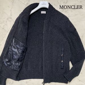 美品/XL★ MONCLER モンクレール MAGLIONE 上質ウール100% ニット ジャケット ブルゾン 大きいサイズ レザーロゴ Wジップ チャコールグレー