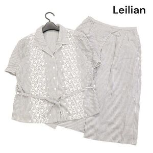 Leilian レリアン 春夏 ストライプ♪ 半袖 シャツ&スカート セットアップ Sz.13　レディース グレー 大きいサイズ 日本製　K4T00665_5#M