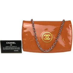 【1円～】シャネル CHANEL 財布 バッグ チェーンウォレット チェーンショルダー ココマーク エナメル レザー オレンジ 13番台 カード 中古